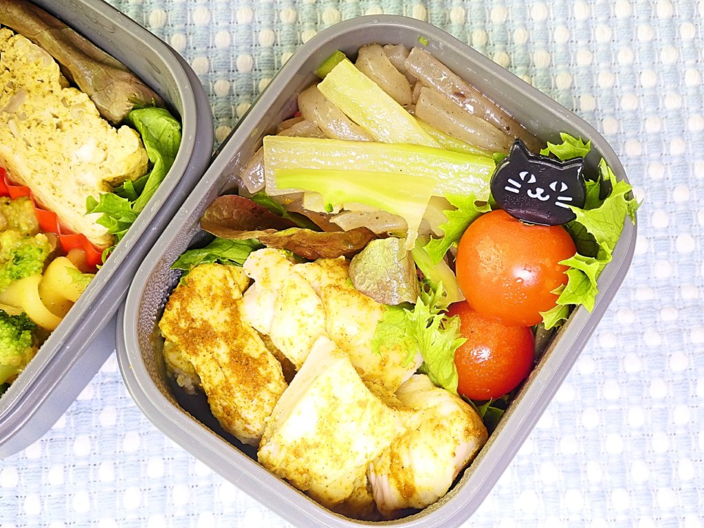 今日のお弁当 自作鶏ハムカレー風味他 19/10/30