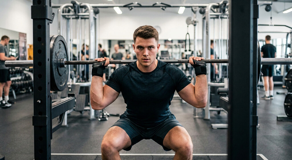 バーベルスクワットをする男性
