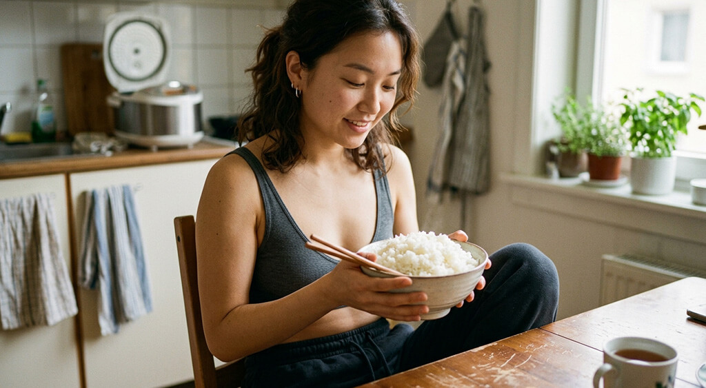 丼飯を持つ女性