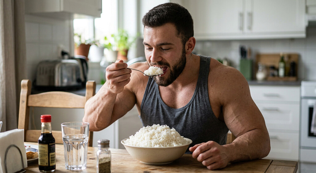 大量の白米を食べる男性
