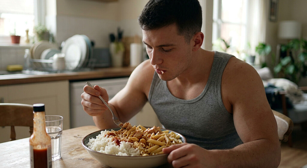 白米とパスタを食べる男性