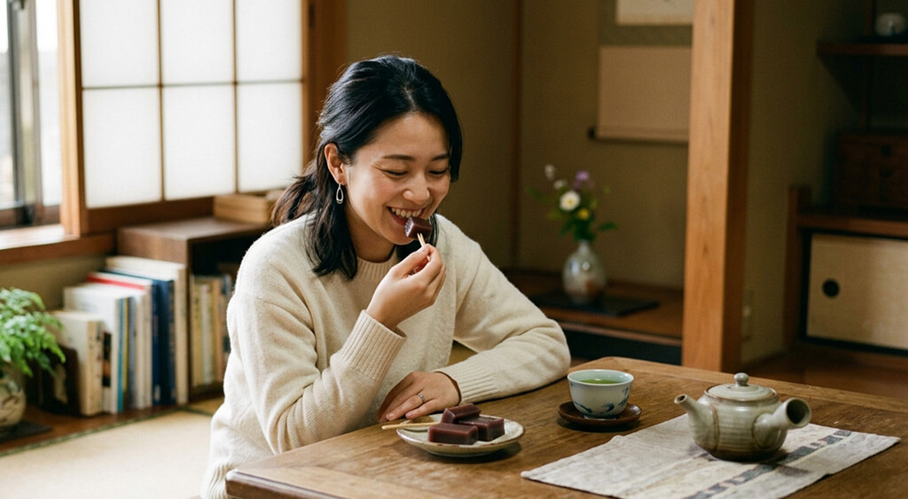 羊羹を食べる女性