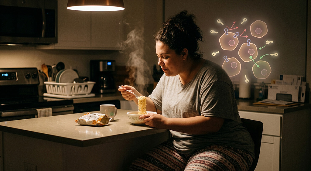 深夜にカップ麺を食べる女性