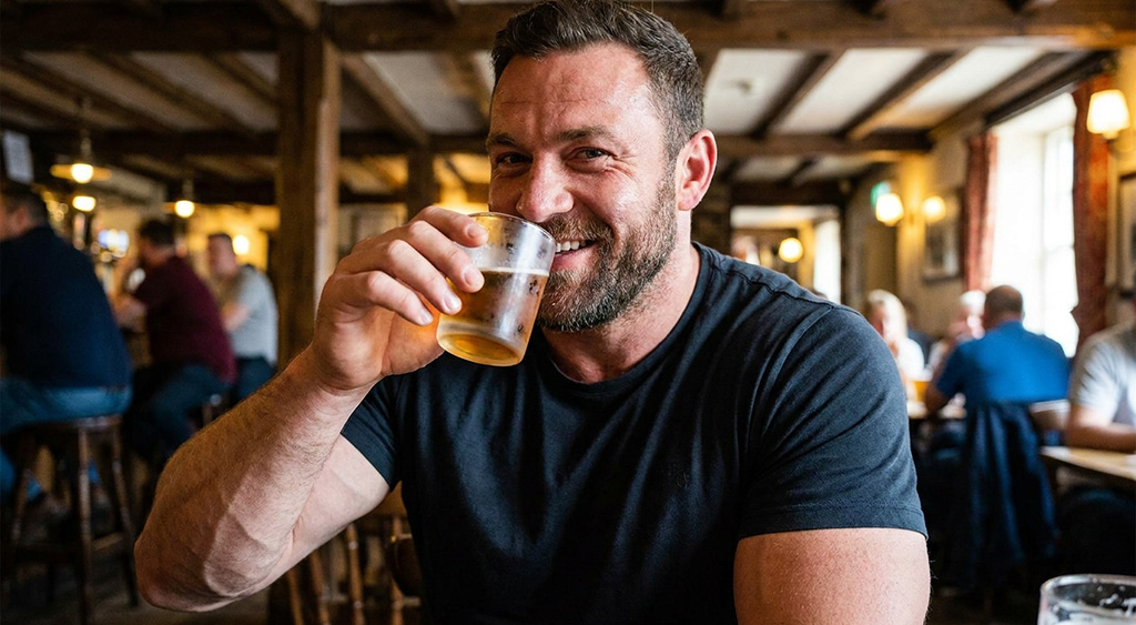 小さいグラスでビールを飲むボディビルダー