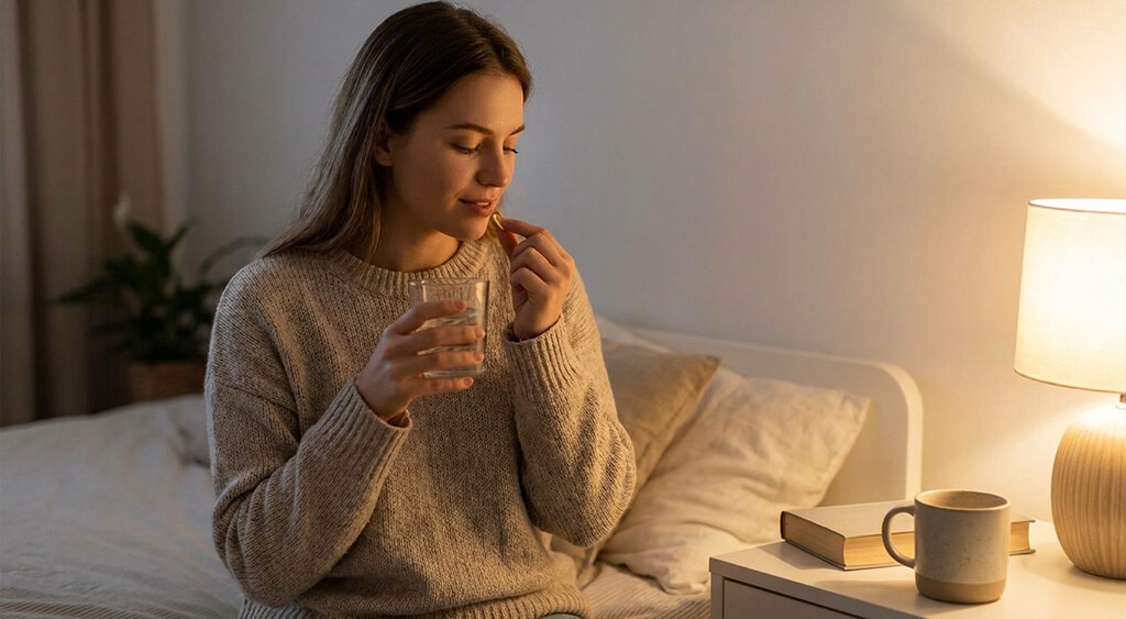 睡眠サポートサプリメントを飲む女性