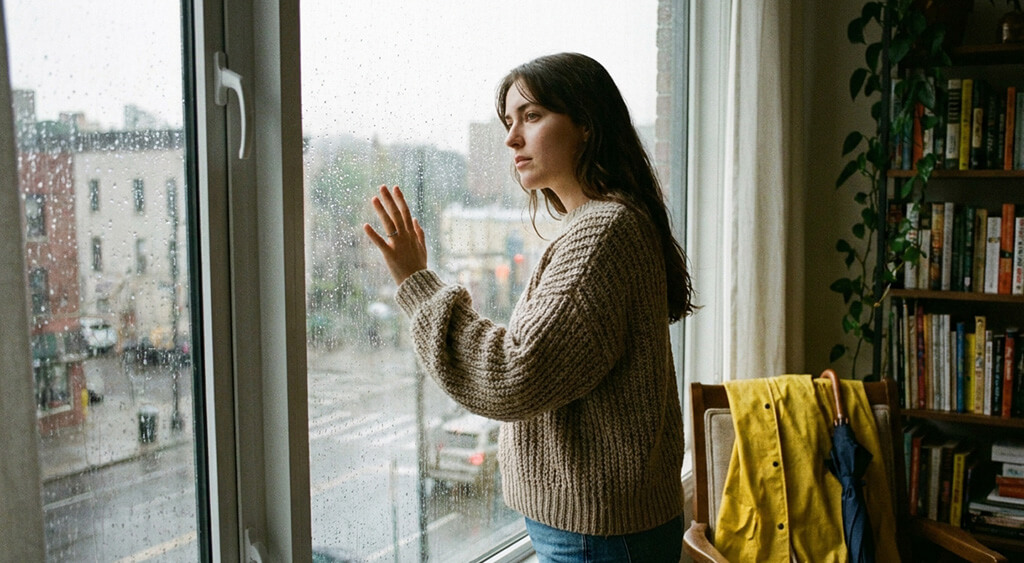 雨で出かけるのを躊躇している女性