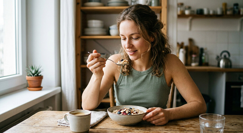 オートミールを食べる女性