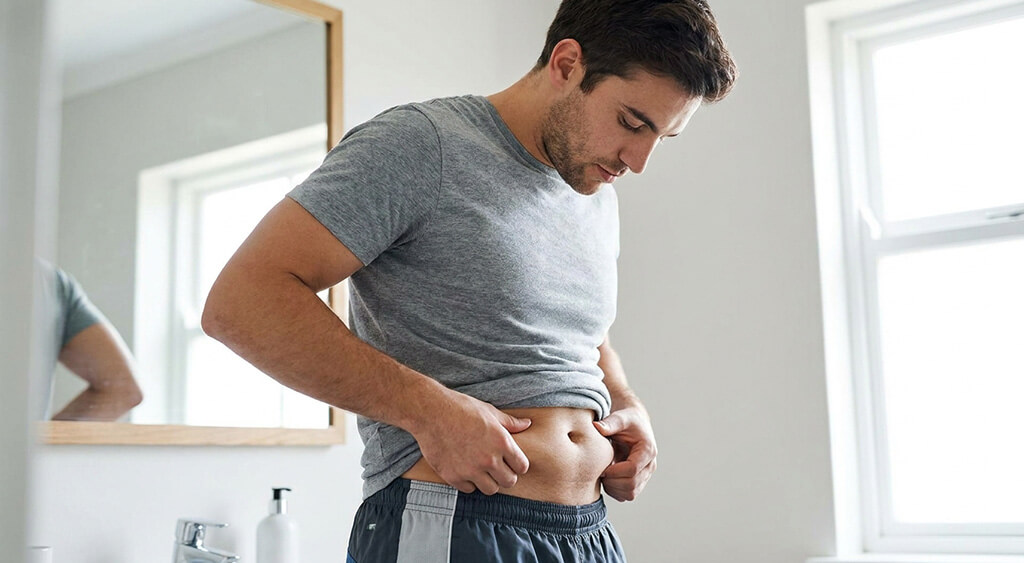 お腹の脂肪をつまむ男性