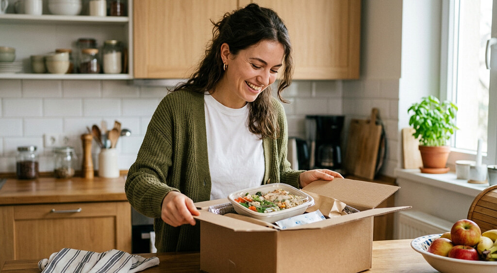 宅食のパッケージを開ける女性