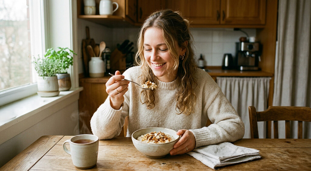 オートミールを食べる美女