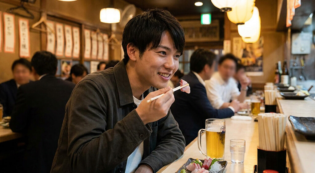 お刺身を食べる男性