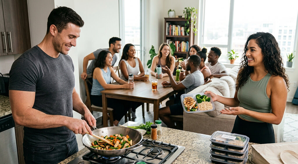料理をする男性と宅食のパッケージを持つ女性
