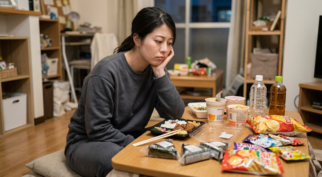コンビニ飯を前に落ち込む女性