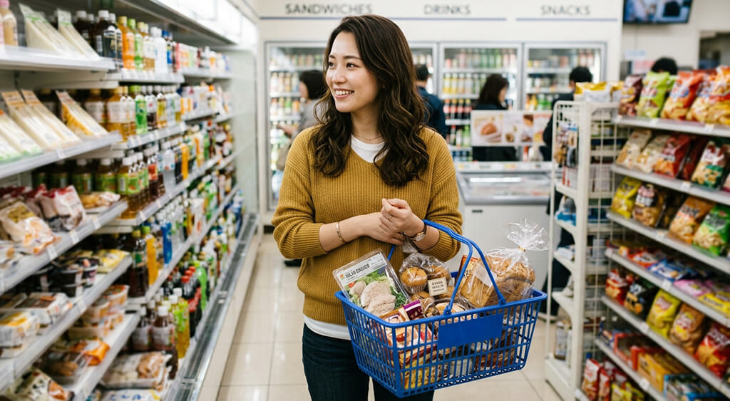 コンビニ飯を買いまくる女性