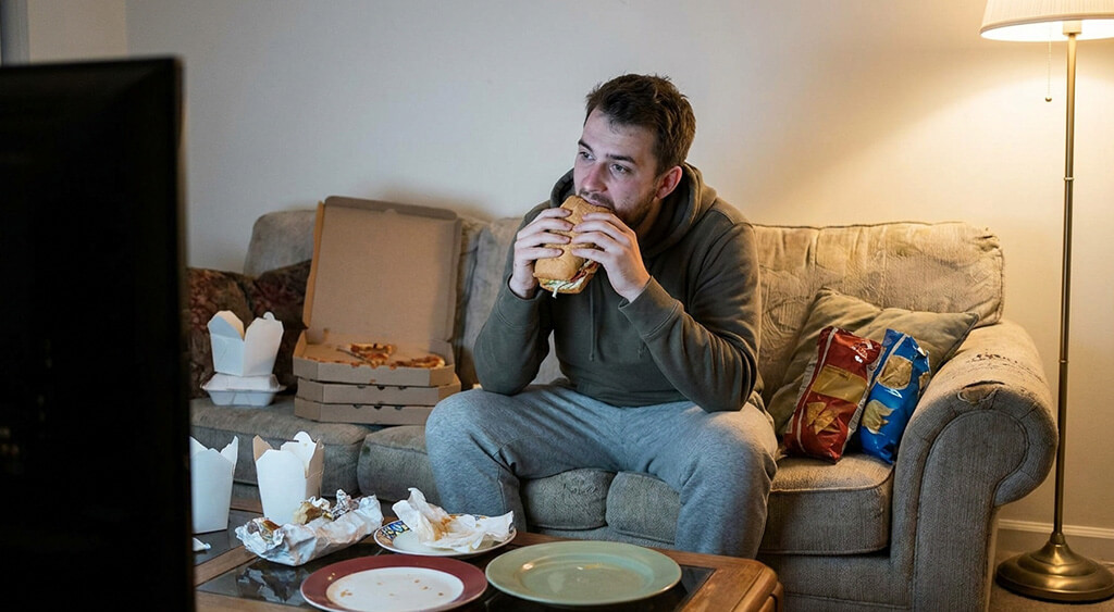 どか食いしている男性