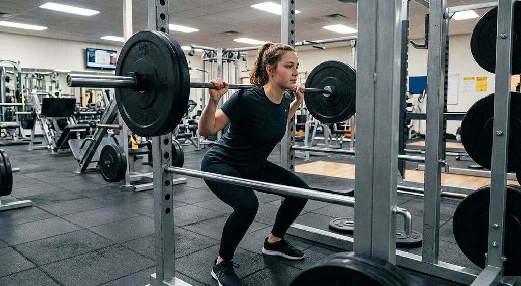 バーベルスクワットをする女性