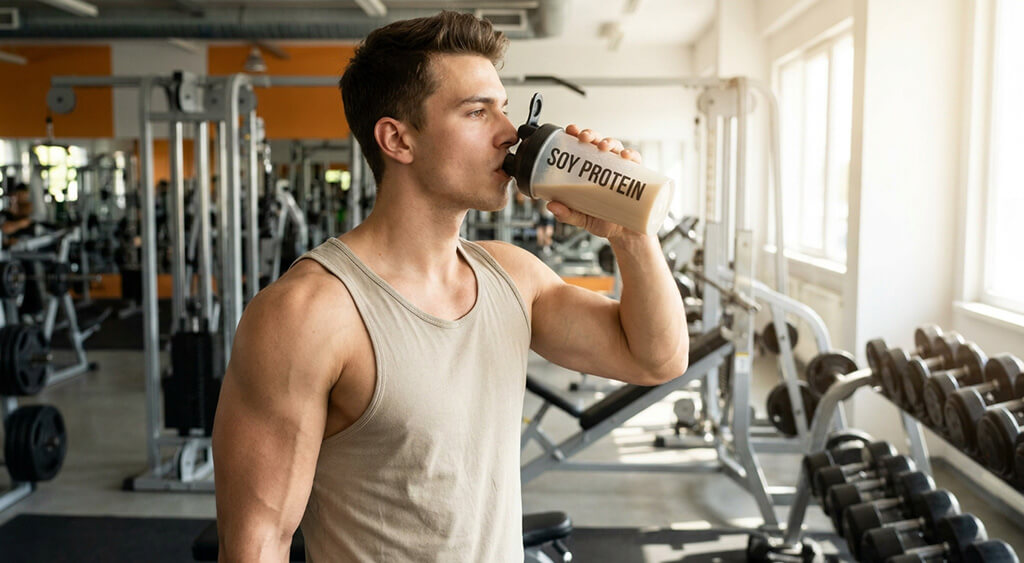 ソイプロテインを飲む男性