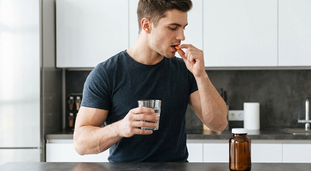 ビタミンCを飲む男性