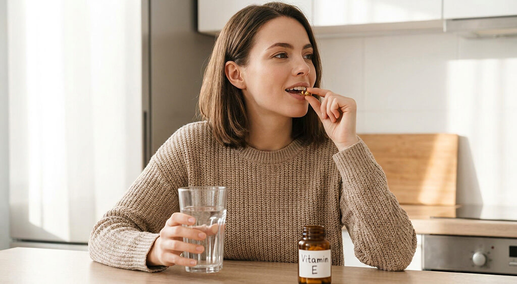 ビタミンEを飲む女性