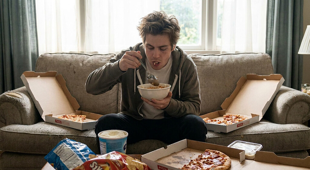 どか食いしている男性