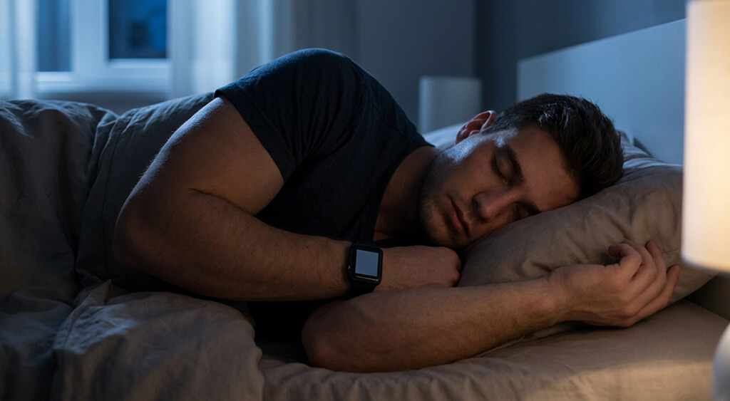 スマートウォッチを着けて眠っている男性