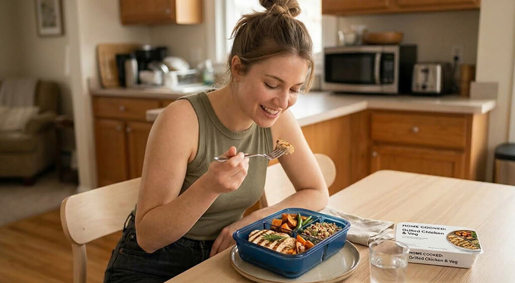 高タンパクな冷凍弁当を食べている女性