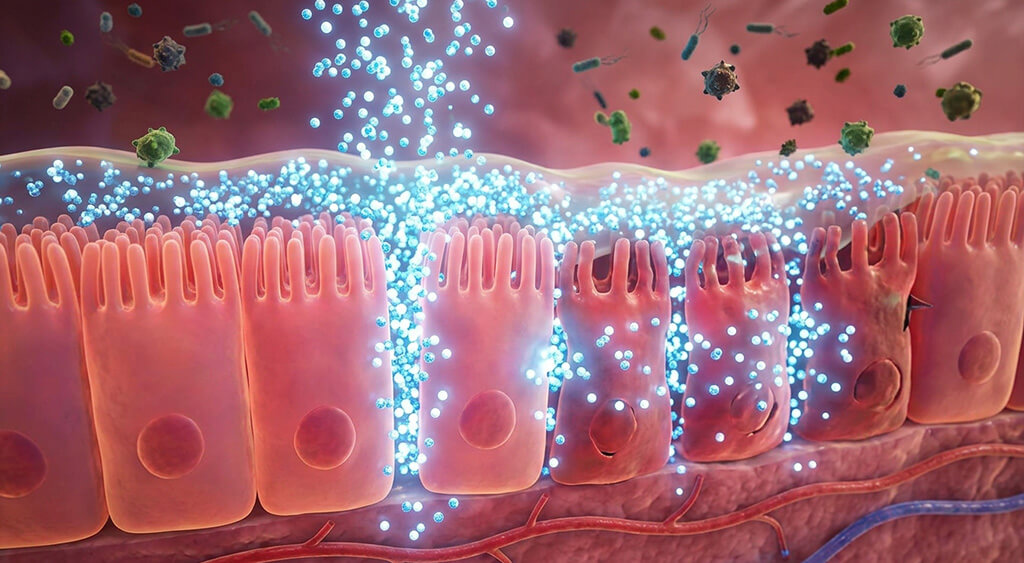 グルタミンが腸の粘膜バリアを守っているイメージ