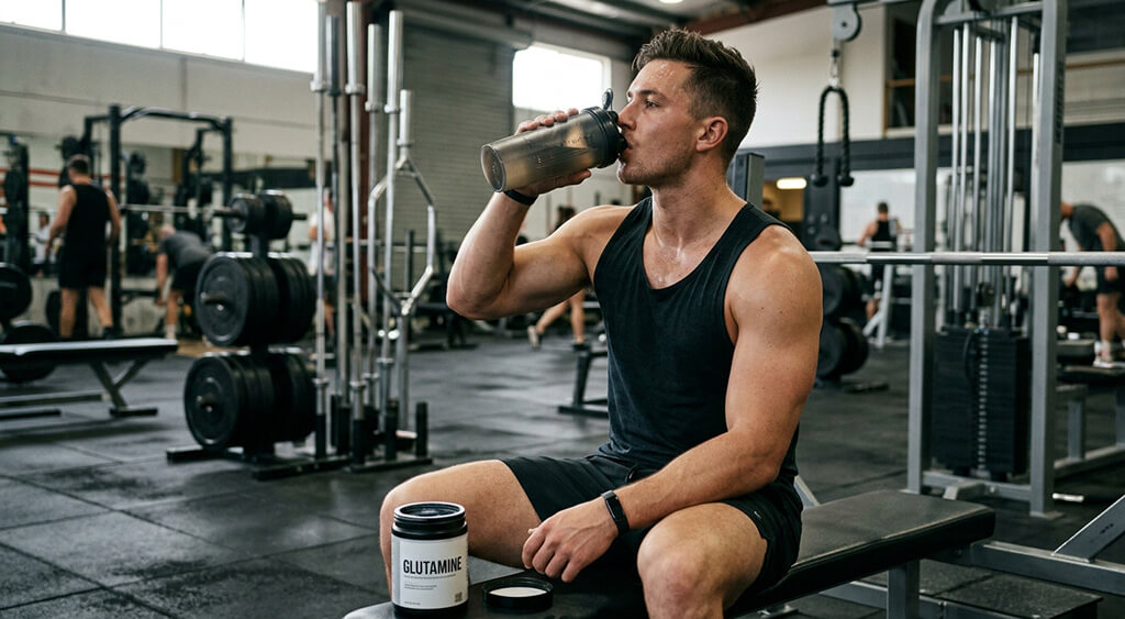 トレーニング終わりにグルタミンを飲んでいる男性