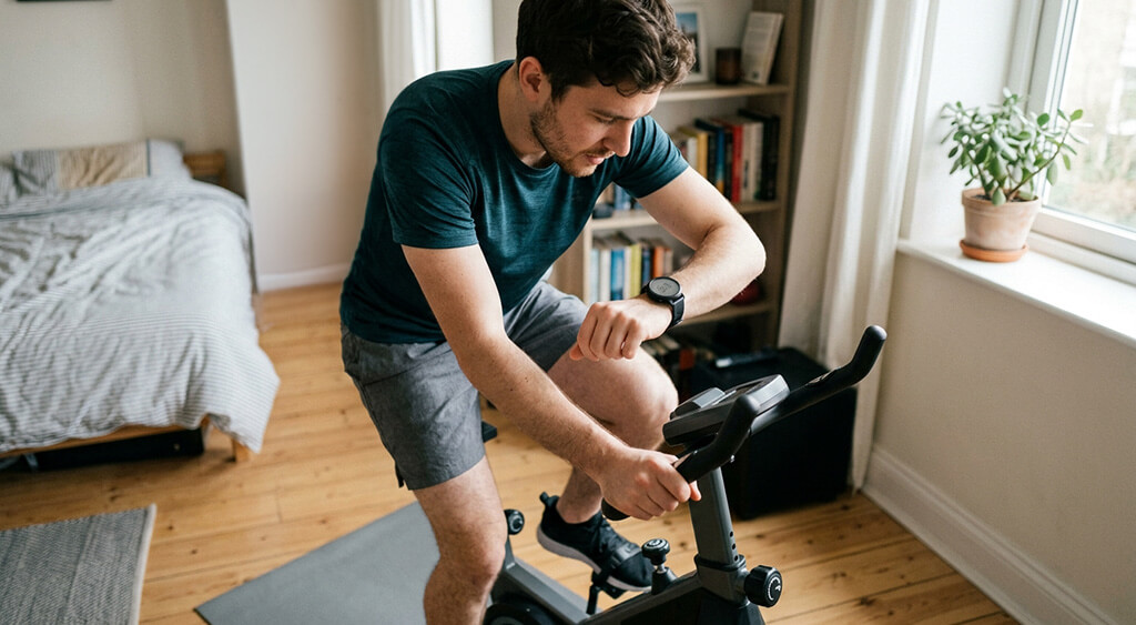フィットネスバイクを漕ぎながら時計をチェックしている男性