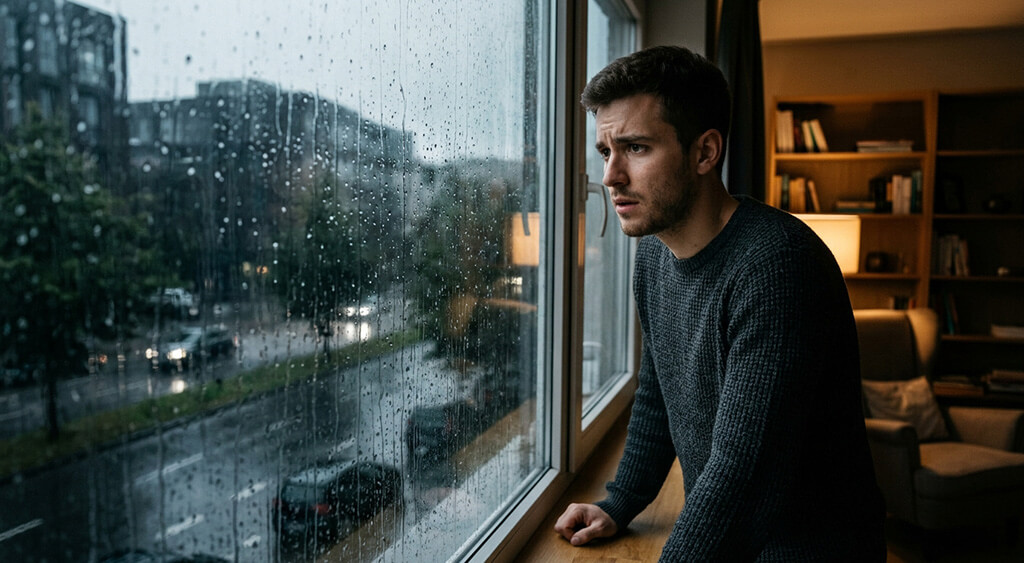雨を気にしている男性