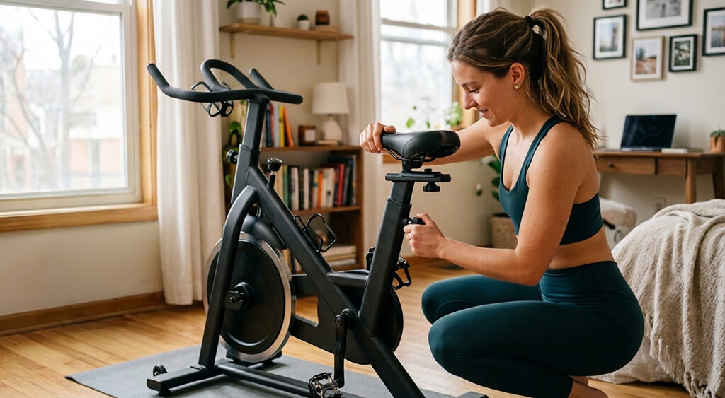 フィットネスバイクのサドルを調整している女性