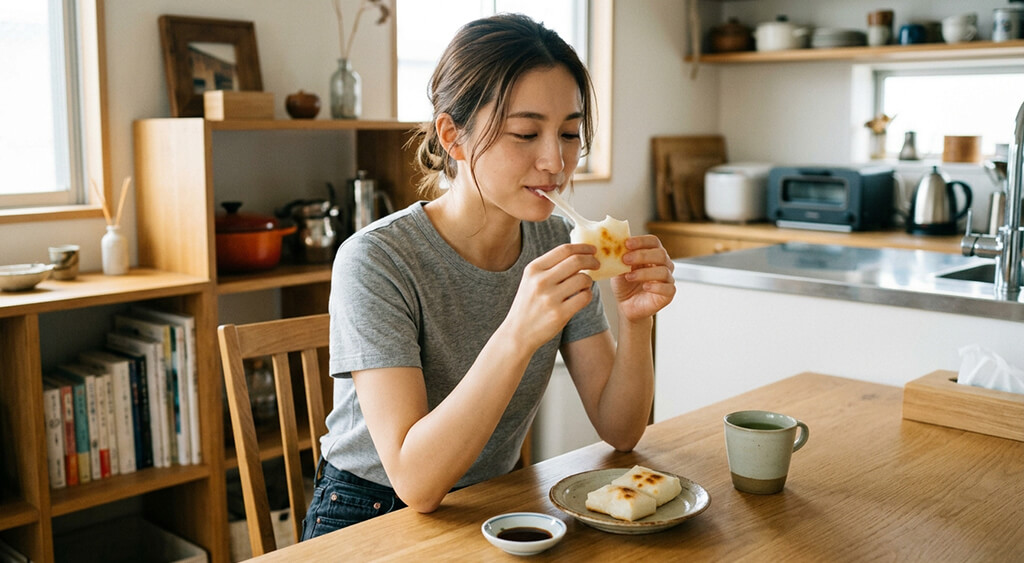 切り餅を食べている女性