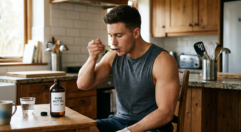 少量のMCTオイルを飲んでいる男性