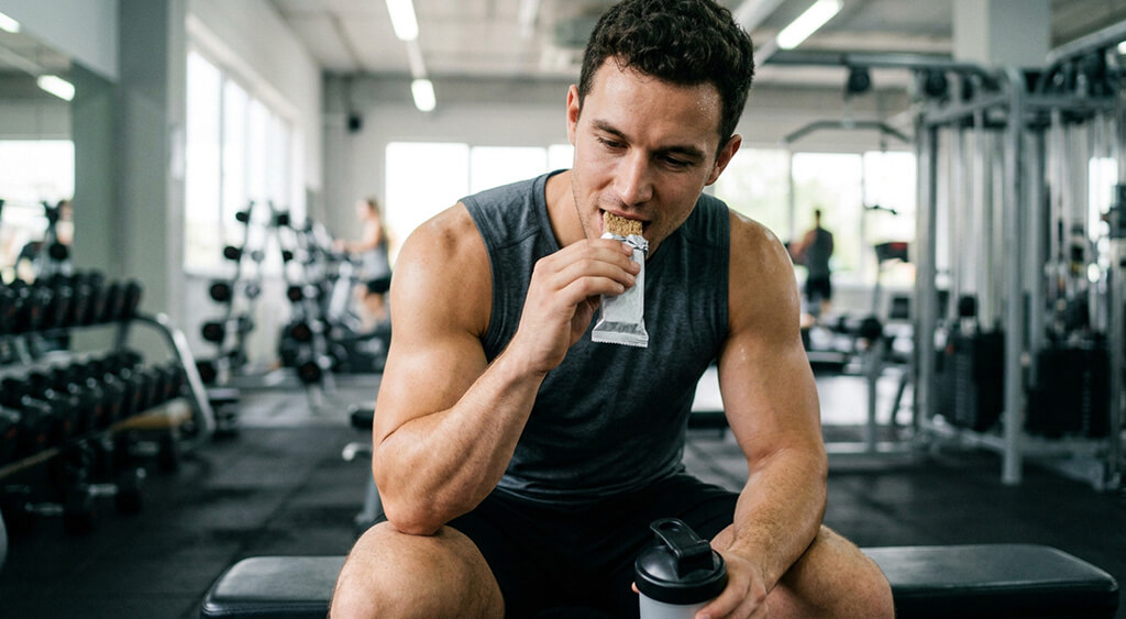 プロテインバーを食べている男性