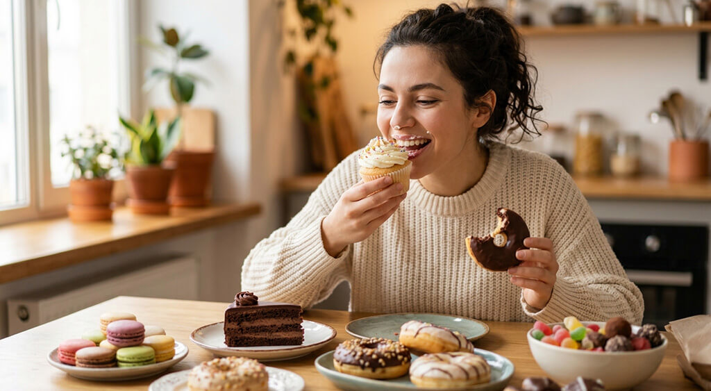 スイーツをドカ食いしている女性