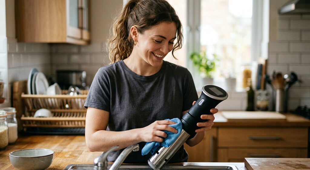 低温調理器を洗っている女性