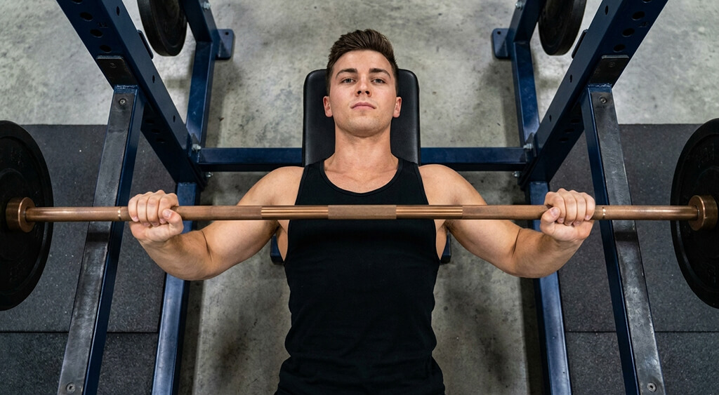 脇を軽く締めてベンチプレスする男性