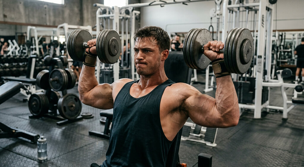 ダンベルショルダープレスをしている男性