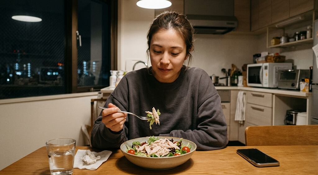 サラダチキンを食べている女性