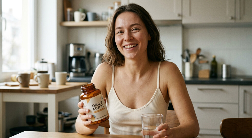 マルチビタミンのボトルを持って微笑む女性