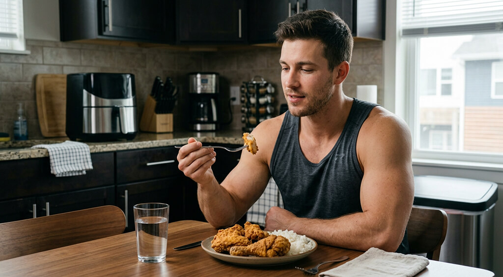ノンフライヤー調理のチキンを食べている男性