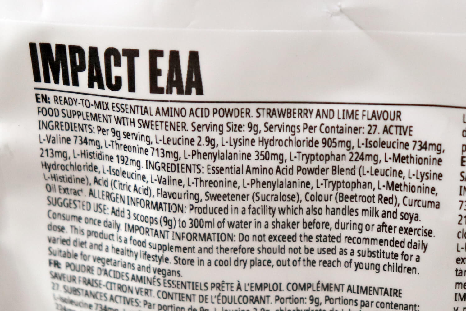 マイプロテイン EAA ストロベリーアンドライム味 栄養成分表示