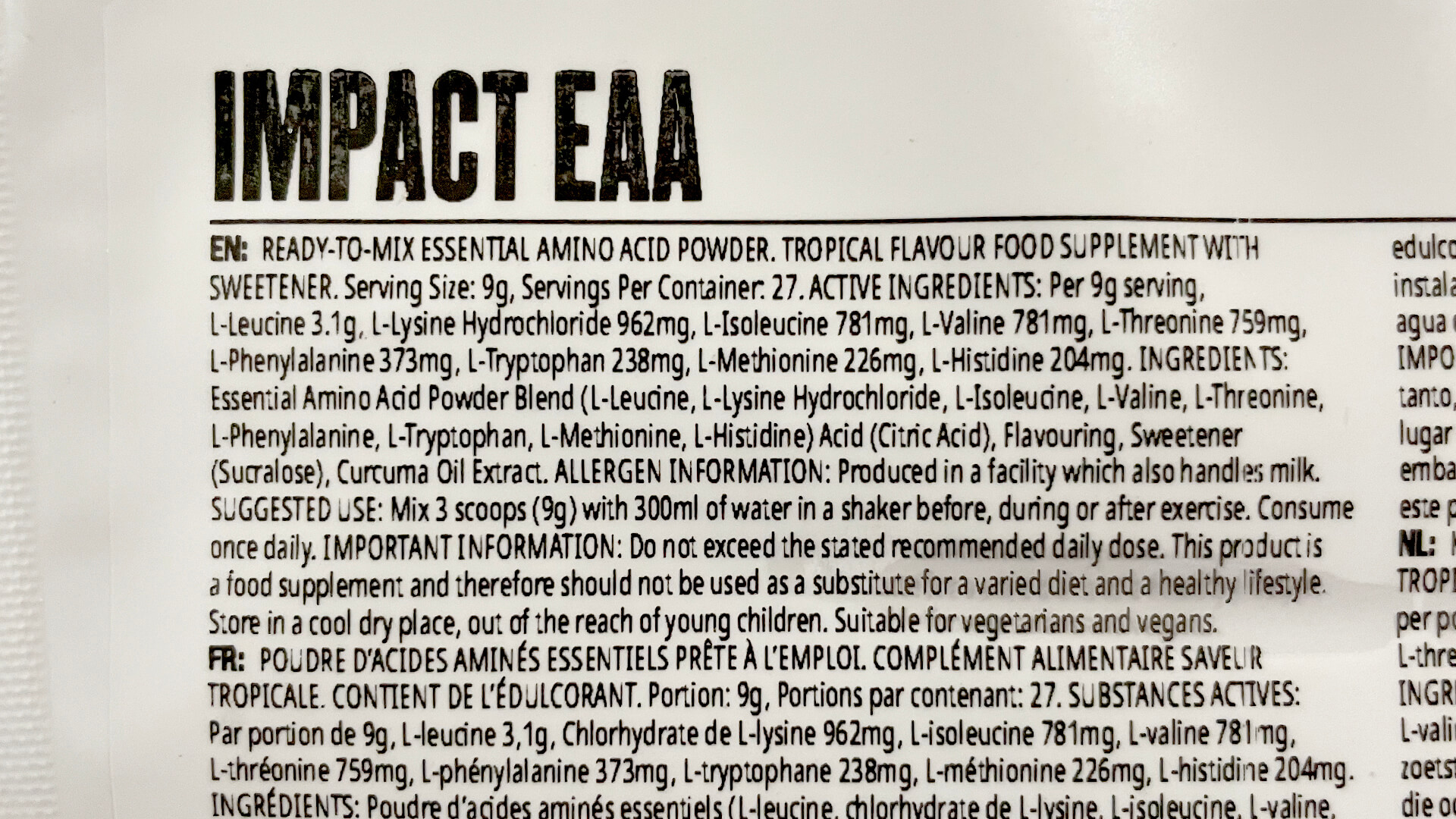 マイプロテイン EAA トロピカル味の栄養成分表示及び原材料