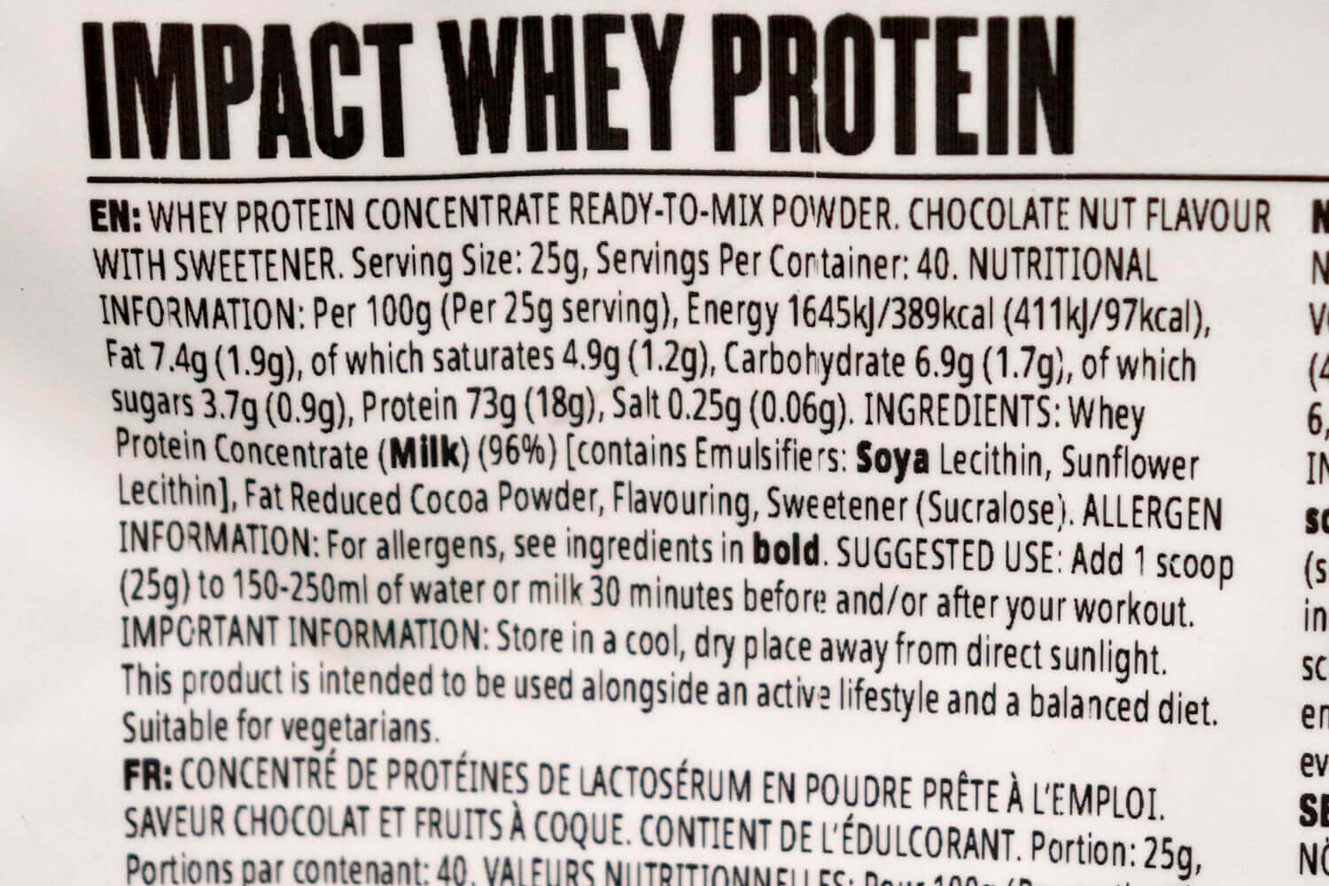 マイプロテイン ホエイプロテイン チョコレートナッツ味 栄養成分表示