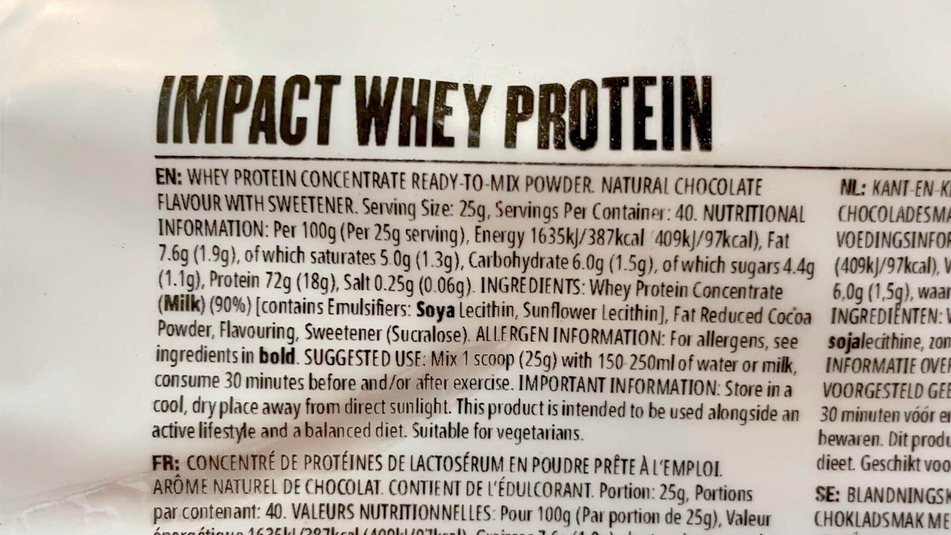 マイプロテイン ホエイプロテイン ナチュラルチョコレート味の原材料・栄養成分表示
