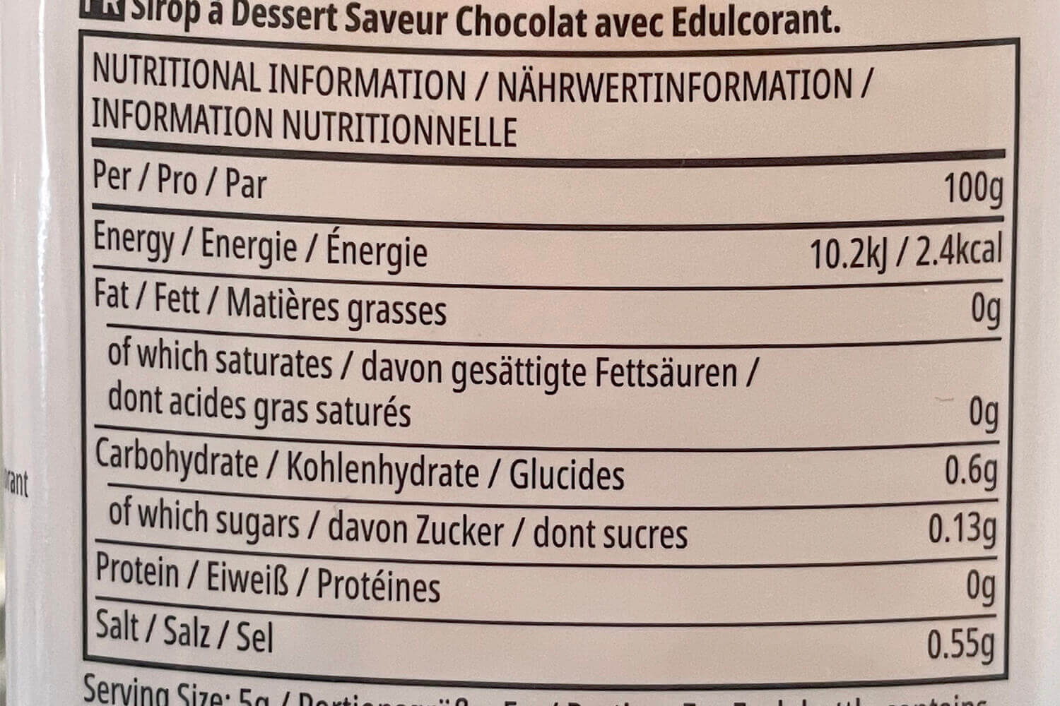 マイプロテイン シュガーフリーシロップ チョコレート味 栄養成分表示